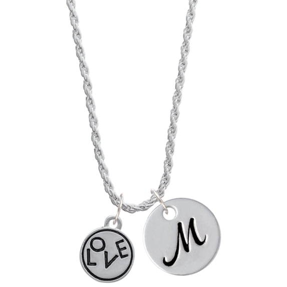 Delight Jewelry Silvertone Love in Circle Silvertone Script Initial Disc - M - Charm Necklace, 20"+3"