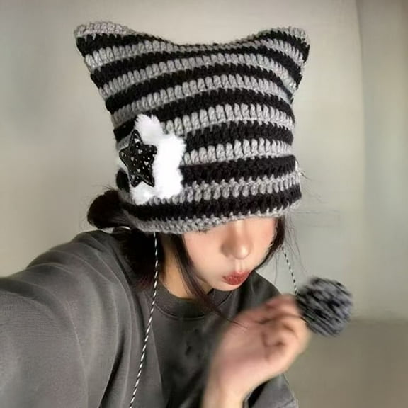 harmtty Winter Knitted Hat Cat Ear Design Plush Ball Decor Striped Print Windproof Warm Women Hat Cold Weather Headwear