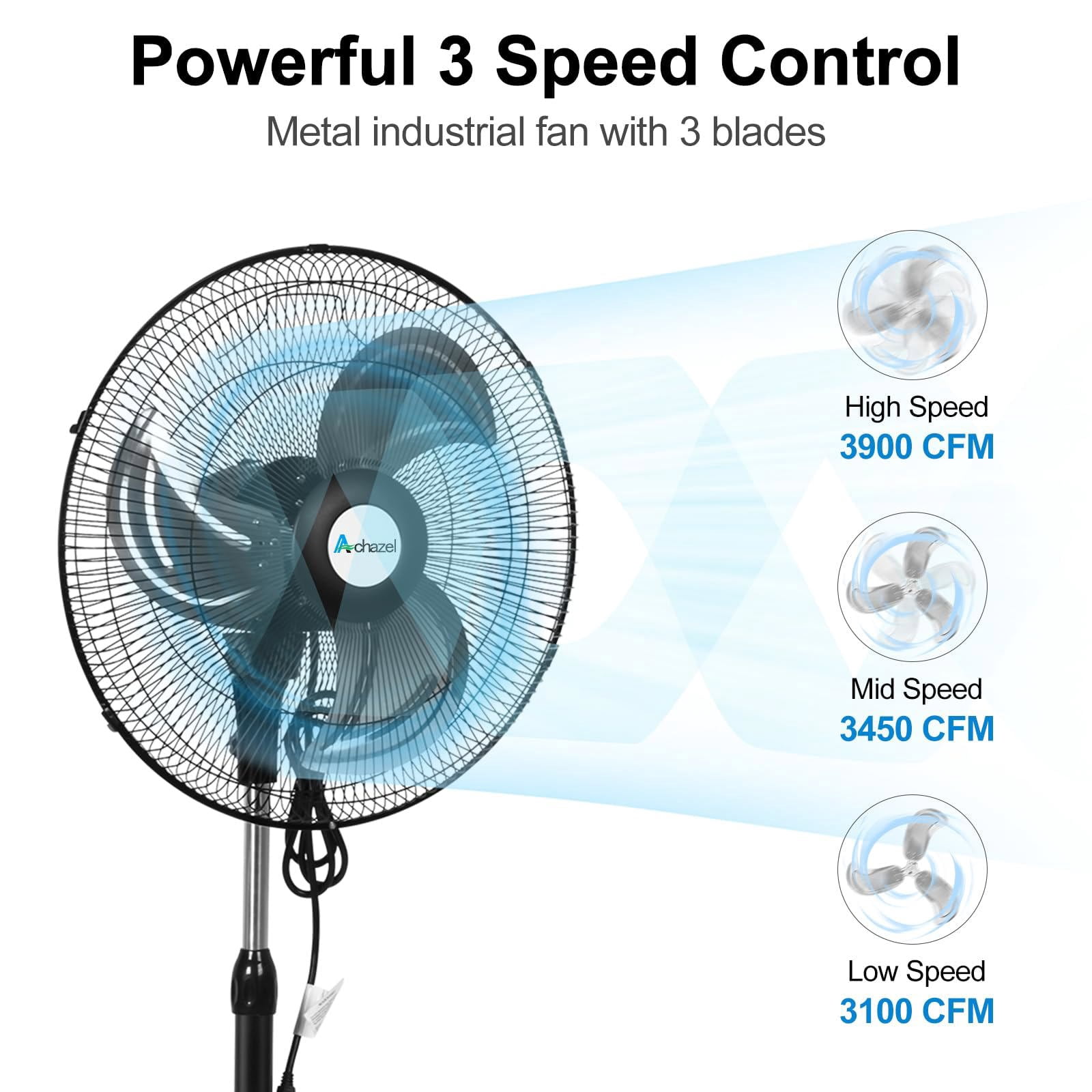 Achazel 18" Oscillating Pedestal Fan, 3 Speeds Heavy Duty Industrial Standing Fan with Aluminum Blades Adjustable Height for Commercial and Garage