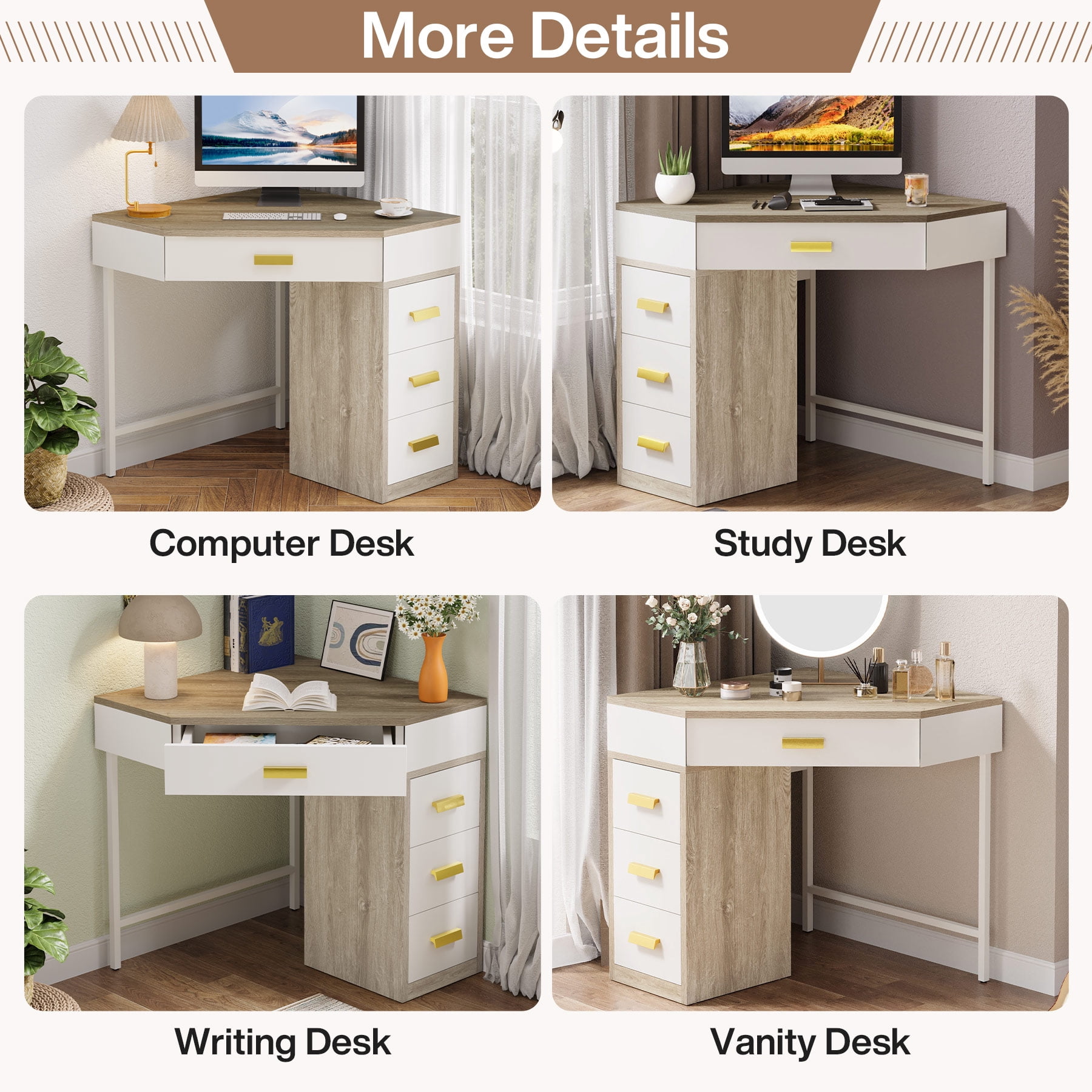 Fnova Corner Desk for Small Space, Triangle Computer Desk with 3 Drawers, 90-Degree Makeup Vanity Desk for Home Office, Bedroom (Grey+White)