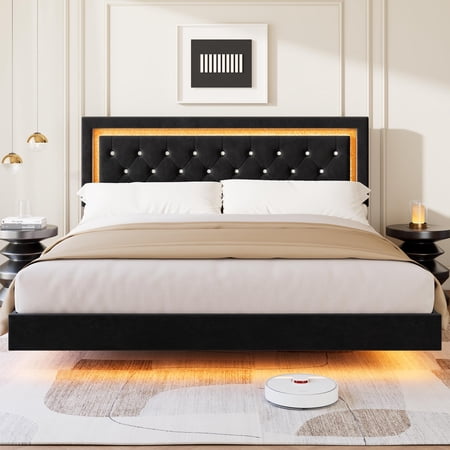 Modern Floating Platform Bed Frame with Smart LED Lights, Diamond Upholstered Headboard, Sturdy Wood Slat Support, Noise-Free, Easy Assembly, No Box Spring Needed, Bedroom Furniture - KING Black