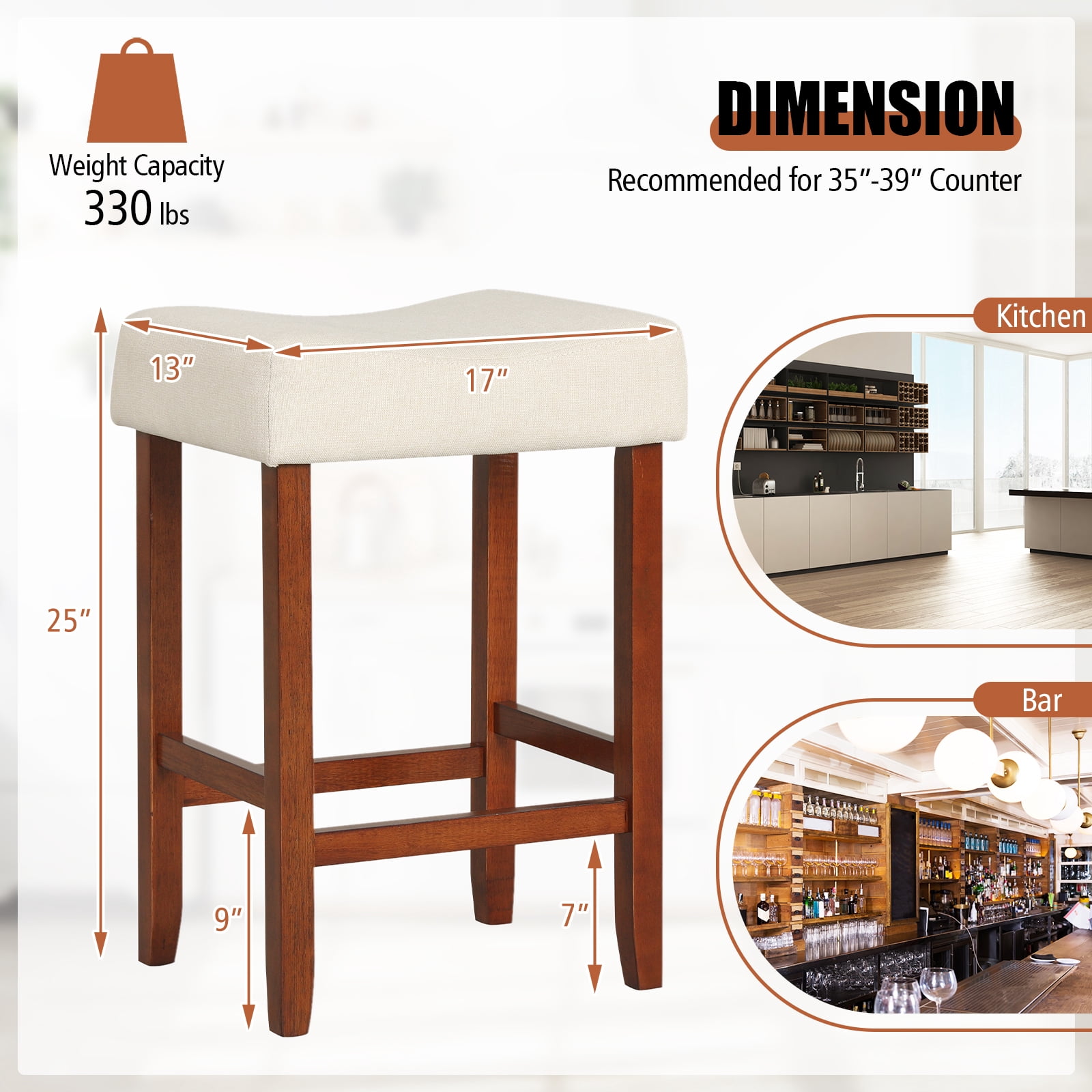 Costway Set of 2 Bar Stools Counter Height Saddle Kitchen Chairs with Wooden Legs  Off-White + Brown