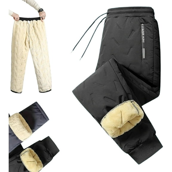 Fleece Thermal Pants Unisex with Zipper Pockets, Waterproof Windproof Lined Lightweight Warm Pants Soft