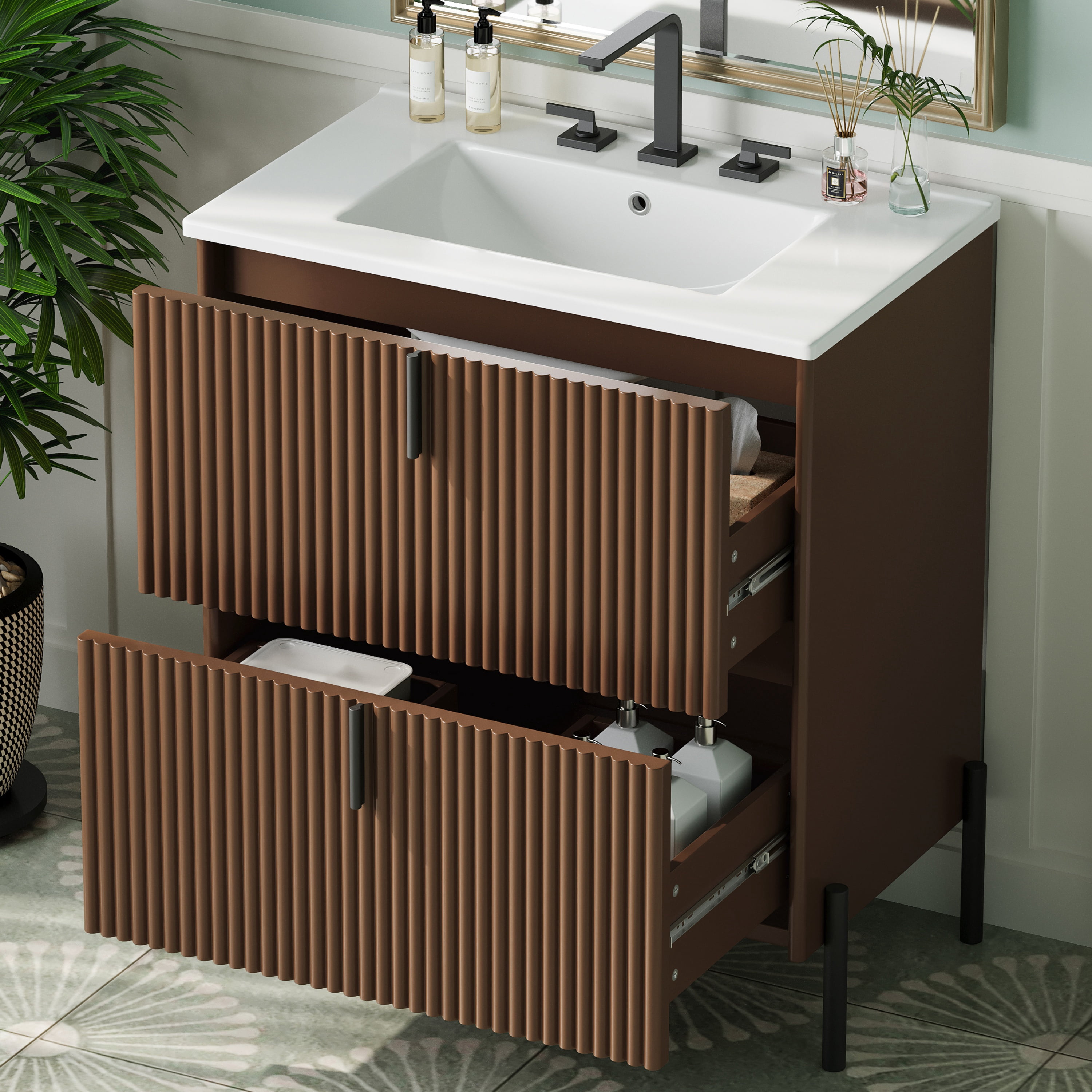 Euroco 30" Bathroom Vanity with Ceramic Sink, Equipped with Vertical Pulls and Full-Extension Drawers, Freestanding Bathroom Vanity with Soft Close Drawer Slides, Fluted Design, Dark Brown