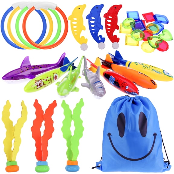 Faburo 34 Piece Diving Toy, Underwater Pool Toy Set with Torpedos, Diving Rings, Gemstones, Fish Algae Swimming Toy for Children
