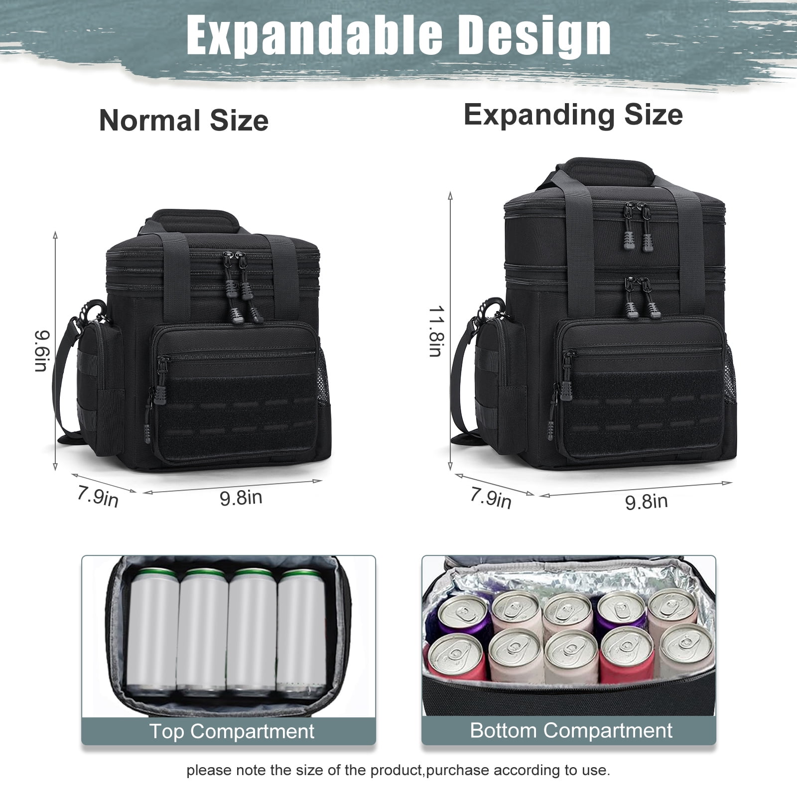 Holuxer Insulated Tactical Lunch Box for Men, 24 Can Double Deck Expandable Lunch Bag for Work Travel Daytrip Picnic Camping, Large Fashion Cooler Bags with Adjustable Shoulder Strap Organizer Black
