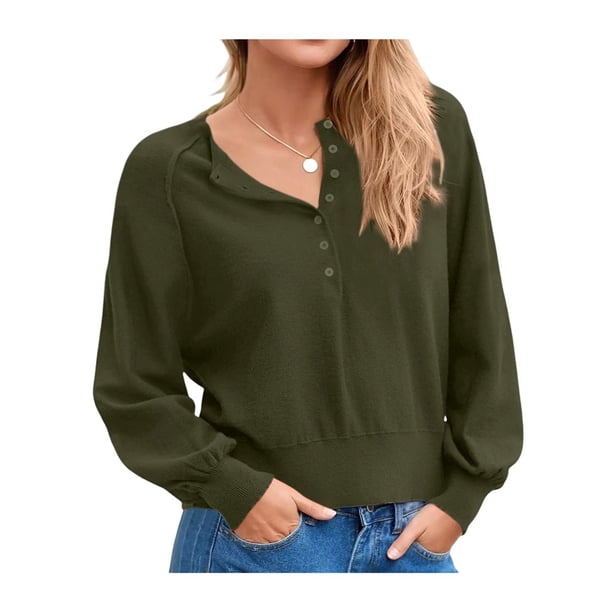 Suéter de Cuello Redondo con Botones para Mujer, Larga, Estilo Henley, Ideal para Otoño. Camisetas Tipo Jersey de Punto Suelto y Moderno. Verde S