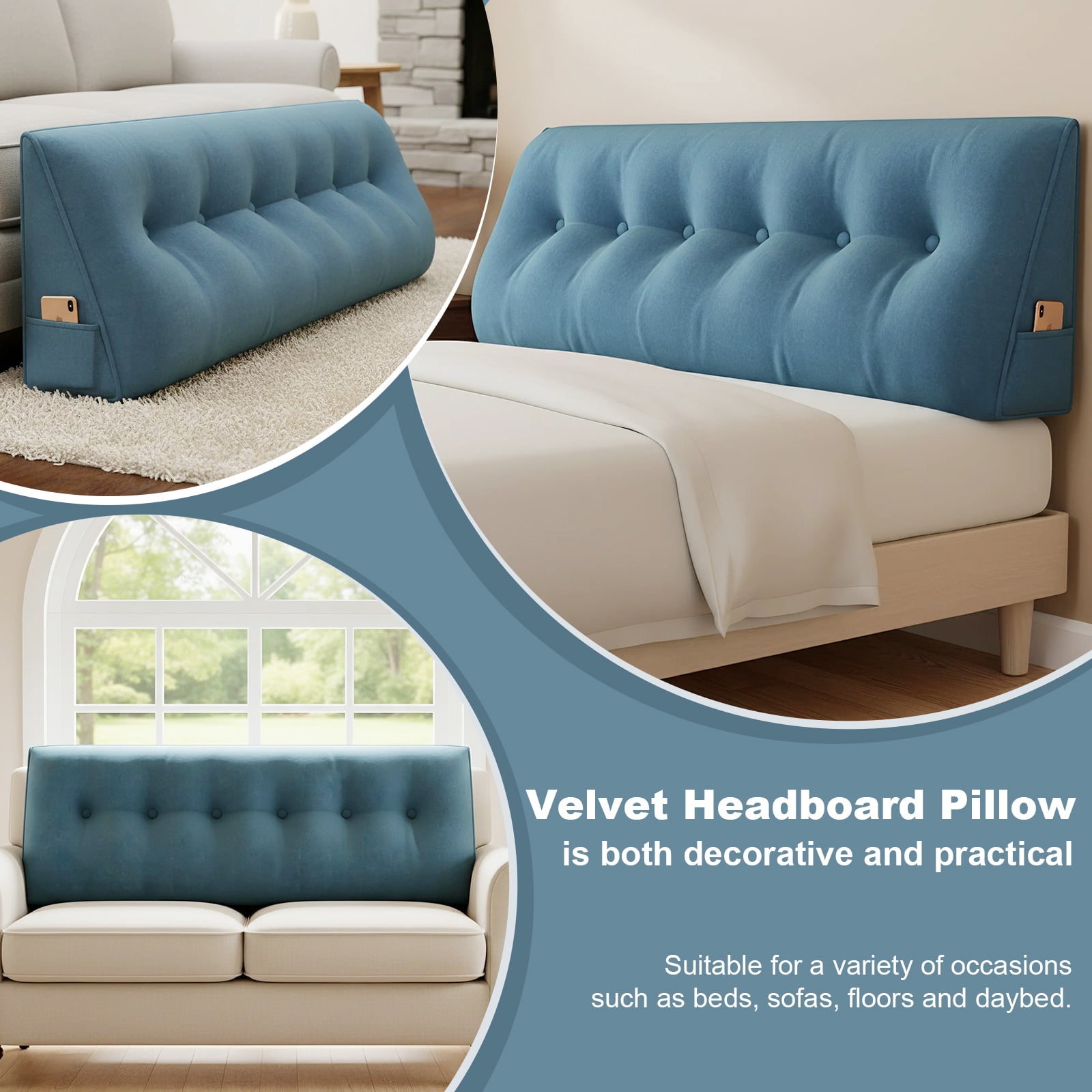 ANMINY Soft Fleece Headboard Pillow - High Elastic Pearl Cotton Filling, Removable Cover, Side Pocket, Ideal for Bed & Sofa Back Support