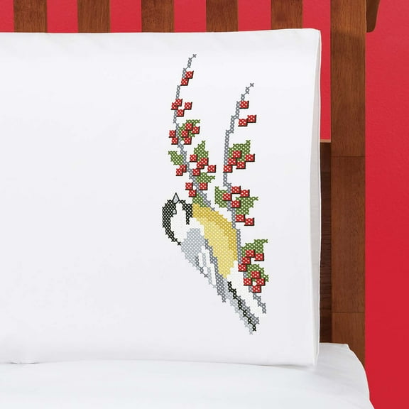 Herrschners® Cheery Chickadee Pillowcase Pair Stamped Cross-Stitch