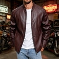 thumbnail image 2 of Leather Jacket Men Faux Leather Jackets Winter Fall Zipper Stand Collar Waterproof Windproof Bomber Jacket Casual Long Sleeved Biker Coat, 2 of 5