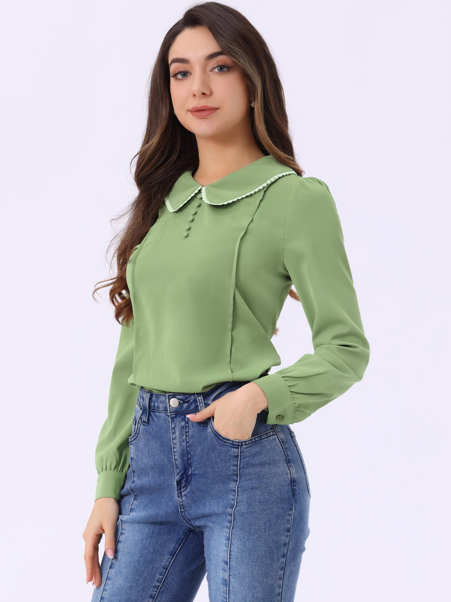 DARING DIVA Women's Peter Pan Collar Button Chiffon Blouse S Dusty Green