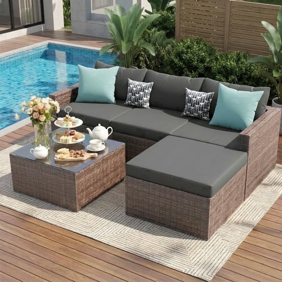 UDPATIO 5-Piece Patio Furniture Set,Outdoor Patio Furniture Set All-Weather Rattan Wicker Patio Conversation Set with Ottoman, Cushions & Glass Table for Garden & Backyard, Gray