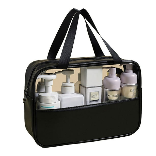 Bolsa de cosméticos transparente con costura grande, bolsa de cosméticos de baño de PVC, PU, impermeable, de gran capacidad, color negro