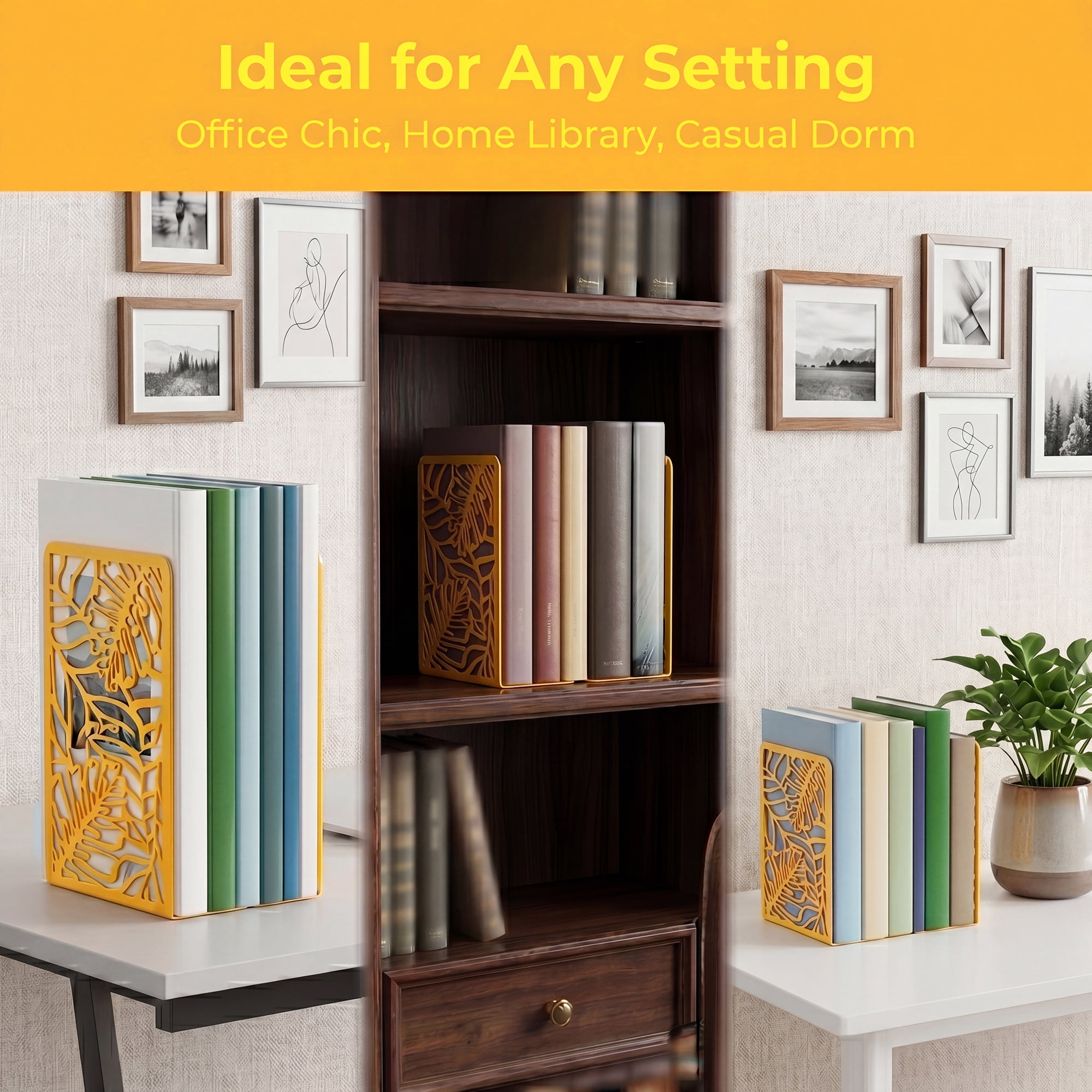 Unique Bargains Decorative Metal Large Non-Skid Book Ends for Shelves Gold 4.7"x3.2"x7.3"