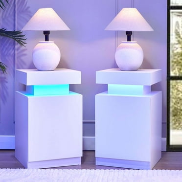 Nightstand Set Of 2, Wooden Night Stand With LED Lights, Modern Bedside Table With Storage Cabinet, White