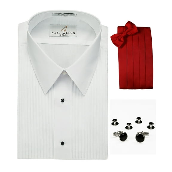Lay-Down Collar Tuxedo Shirt, Red Cummerbund, Bow-Tie, Cuff Links & Studs Set