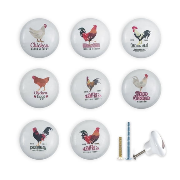 Jamjam 1.5" Set of 8 Farmhouse Rustic Cabinet Door Ceramic Knobs Chicken Farm Animal Kitchen Dresser Drawer Pulls and Knobs