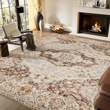 SIXHOME 8'x10' Area Rugs for Living Room Washable Traditional Brown Distressed Carpet Non Slip Ultra Soft Retro Floral Throw Indoor Rug for Bedroom Dinning Room Office Home