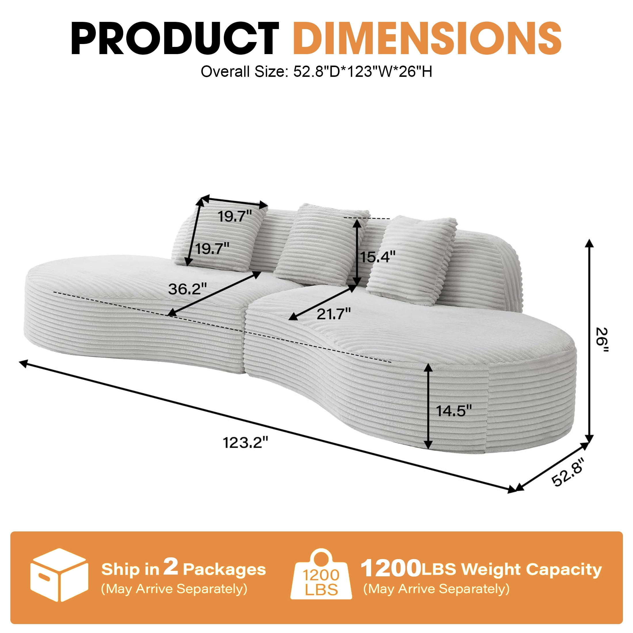 Aukfa 123.2" Oversized Cloud Sectional Sofa – Curved Upholstered Living Room Couch with 3 Pillows, No Assembly, Gray