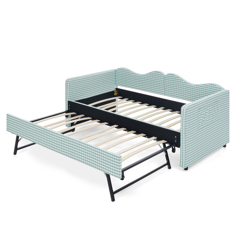 Twin to King Size Daybed with Trundle, Gingham Upholstered Day Bed Frame with Side Storage Pocket and Wave Backrest, Sofa Bed Frame for Bedroom, No Box Spring Needed