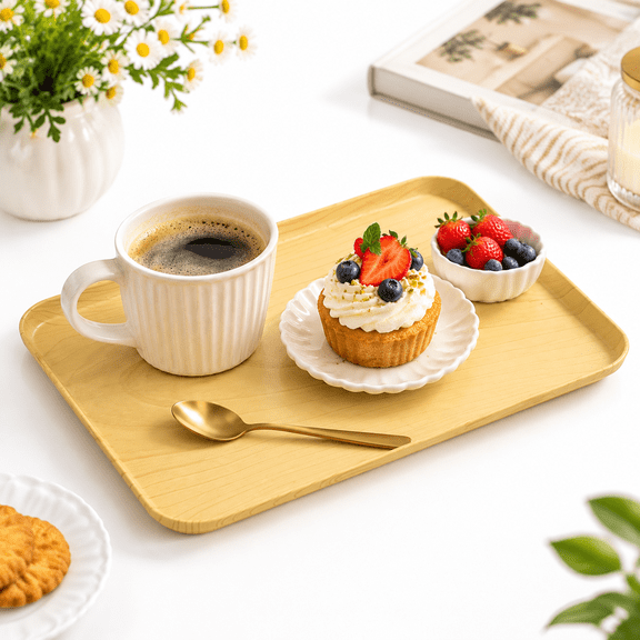 Rustic Wood‑Grain Serving Tray, 9.5"x6.7" Rectangle Plastic Platter, Light Yellow Finish, Versatile Tea Tray Coffee Table, Kitchen Tableware, Dessert Cup Holder, Vanity Tray for Home Decor