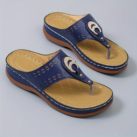 

Women‘s Rhinestone Wedge Flip Flops Retro Open Toe Non-slip Slides Shoes Casual Outdoor Slippers