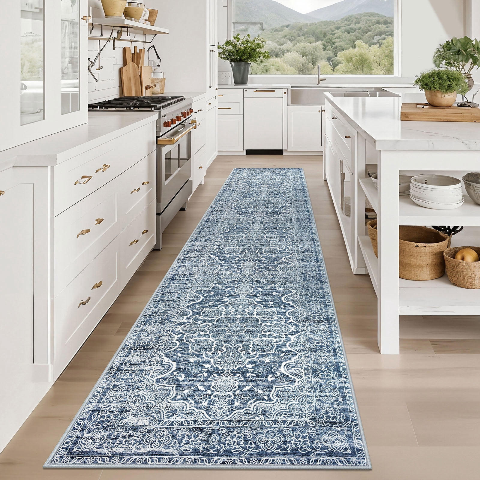 GLATTICE Washable Runners 2.6x12 Blue Runners Non-Slip Hallway Runner Rugs with Rubber Backing Ultra Soft Printed Distressed Long 12ft Indoor Runners for Bedroom Entryway Laundry Room Foyer