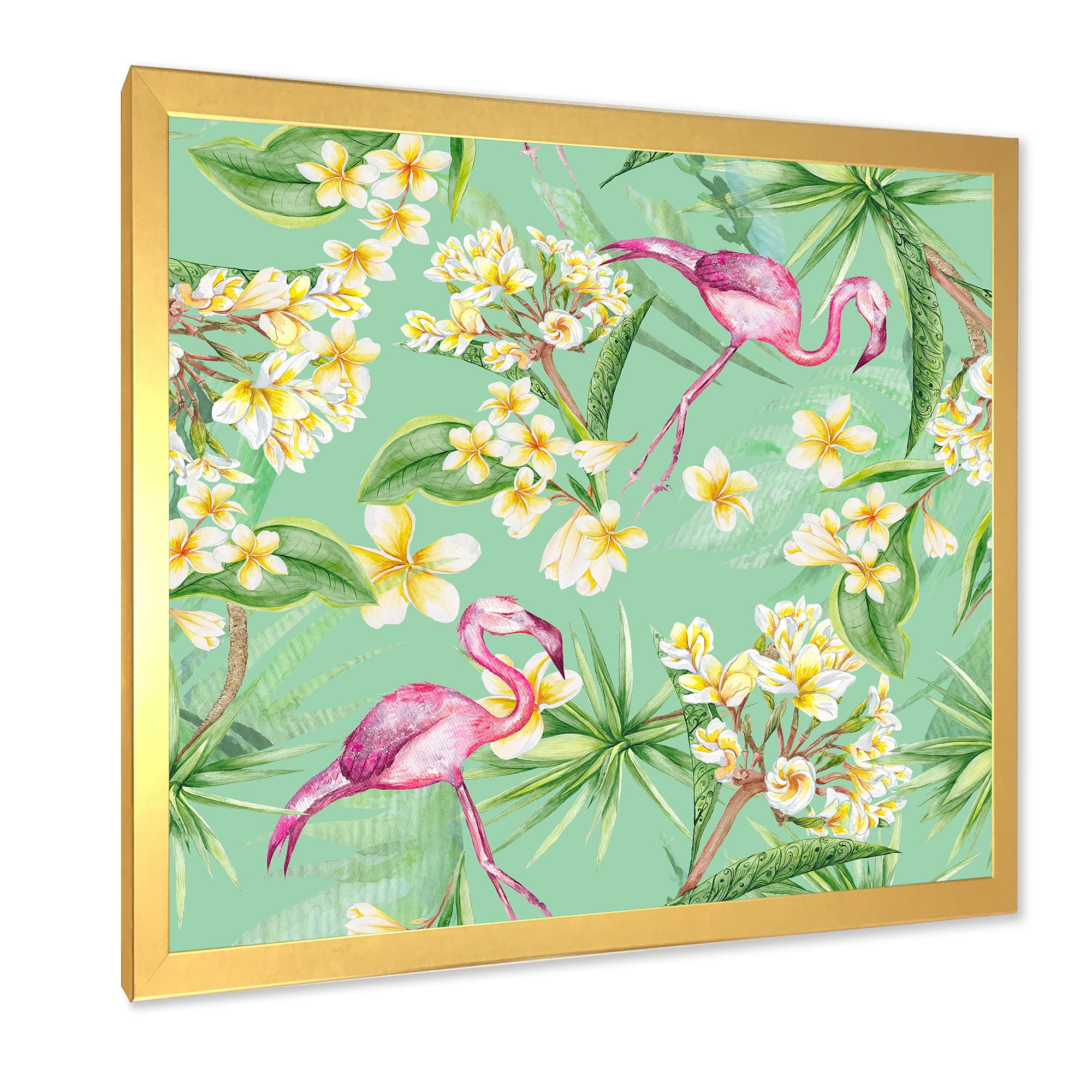 Designart 'Yellow Flowers, Tropical Foliage With Flamingo V' Traditional Framed Art Print