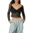 thumbnail image 2 of Musuos Women Crop Lace Tops See-Through Long Sleeve V Neck Basic Shirt Casual Pullover, 2 of 9