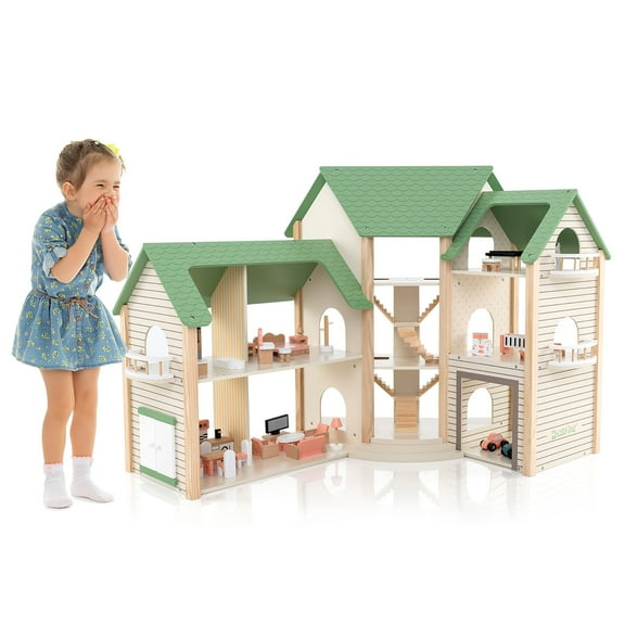 Gymax Wooden Corner Dollhouse Playset with 36 Pieces of Furniture and Accessories