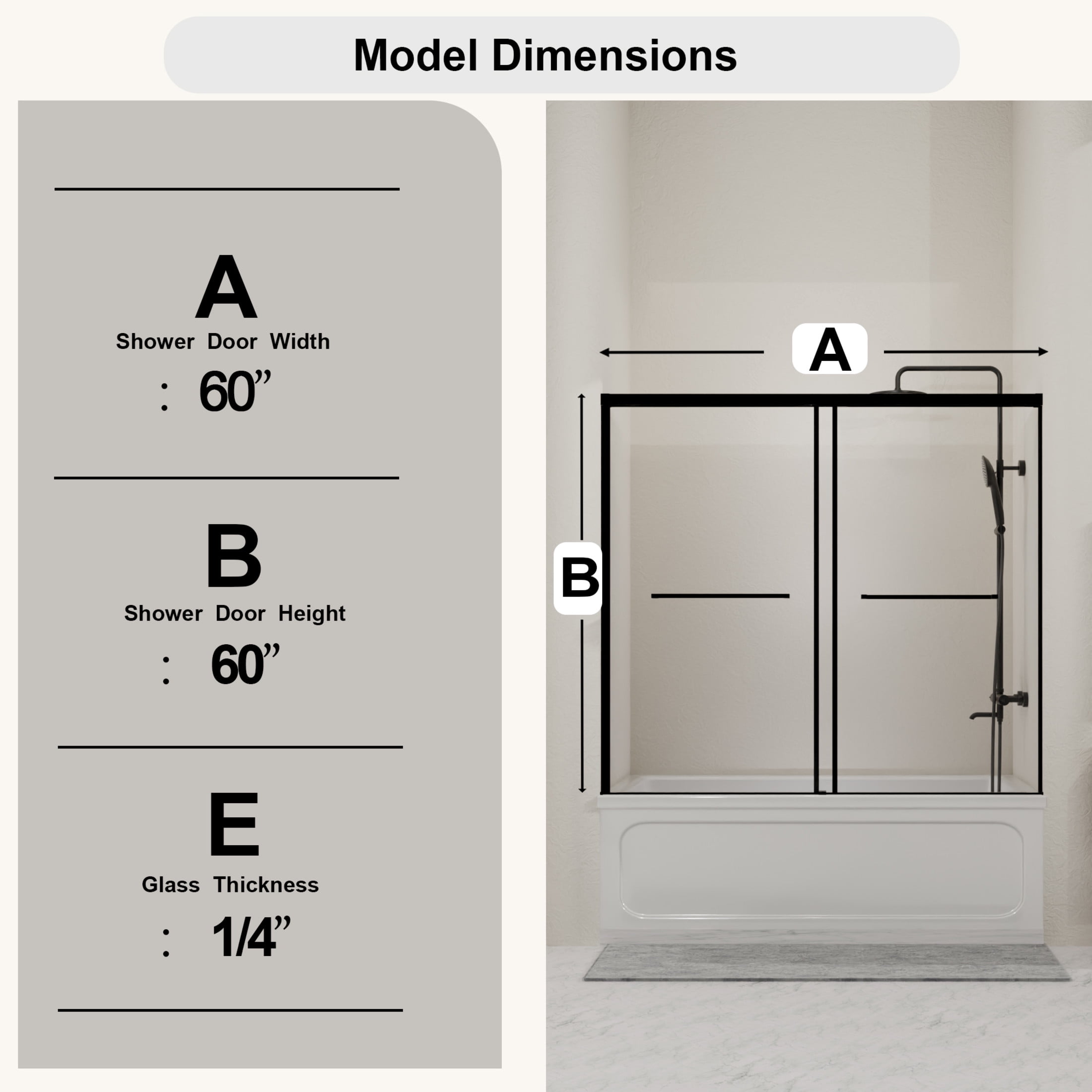 Noble House 60"x60" Bathtub Sliding Shower Door, Semi-Frameless Double Tub Door, Tempered Clear Glass, Matte Black