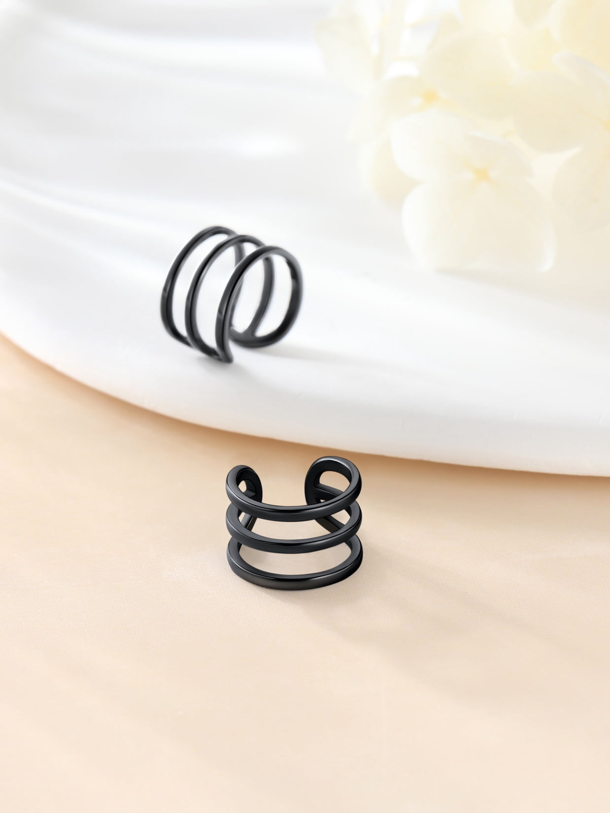 Suplight 925 Sterling Silver Black Plated Ear Cuffs Earrings, Three Layer Smooth-Surface Huggie Clip On Cartilage Earrings for Women