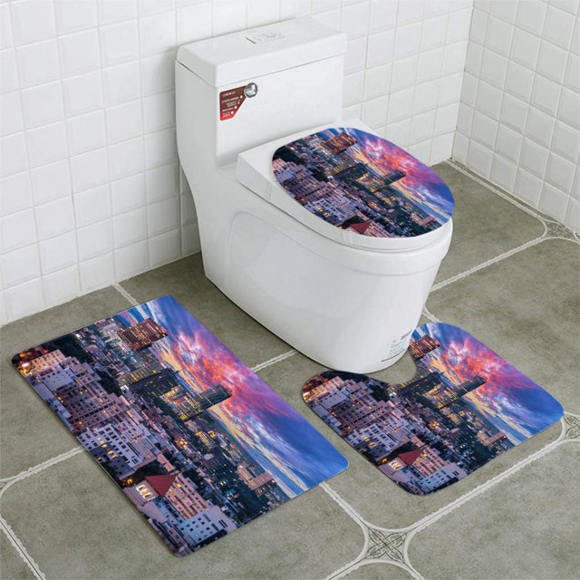 ABPHQTO Distrito de negocios de vista aérea en Bucarest, Rumania al atardecer Juego de alfombras de baño de 3 piezas Alfombra de baño Alfombra de contorno y tapa de inodoro