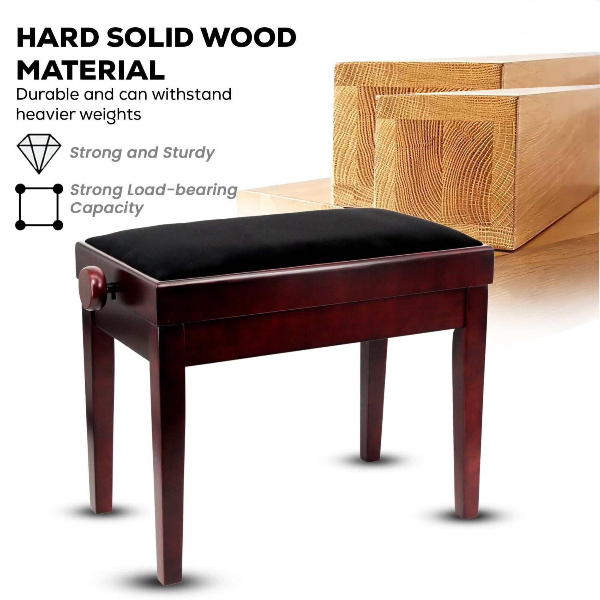 Adjustable Piano Bench - Padded Solid Wood Keyboard Stool (18"-22") - Brown