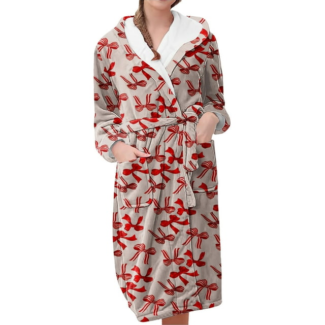 Women's Fleece Plush Robe Long Warm Plush Bathrobe Loungewear Jacket Printed Comfort Robe