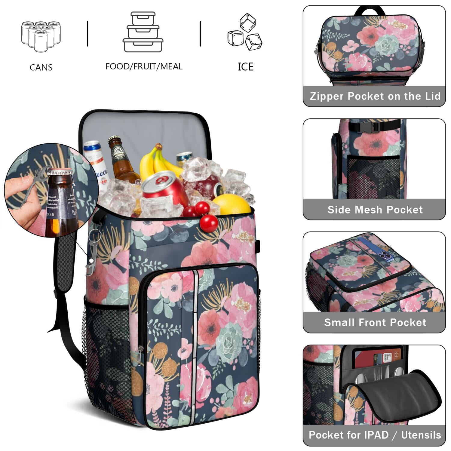 Travel Cooler Bag - Pioneer Flower Floral Print Pattern Camping Beer Cooler Backpack with Bottle Opener- Waterproof Insulated Picnic Backpacks - Cooler Bag for Beach