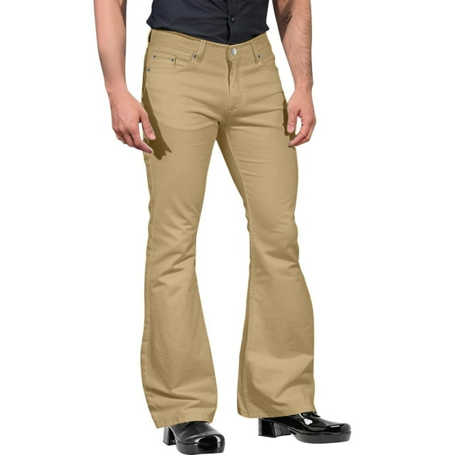 Gupgi Men Retro Flare Pants Solid Color Mid Waist Trousers Casual Classic Bell Bottom Pants