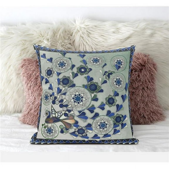 Glory of Flowers Peacock Throw Pillow with Removable Cover in Light Green Brown 16x16