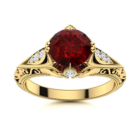 Art Deco Inspired 7MM Round Garnet 925 Sterling Silver Gold Vermeil Women Boho Ring