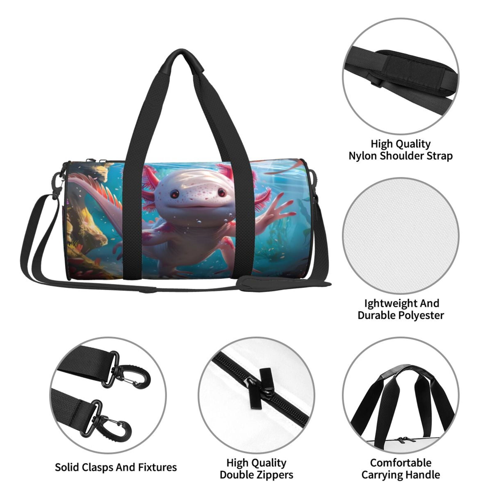 Defioc Cute Underwater Axolotl for Travel Duffle Bag,Weekender Bag Carry On Tote Bags Hospital Bag Large Capacity Sport Gym Bag for Men Women Fit for Trave, Gym,Weekend