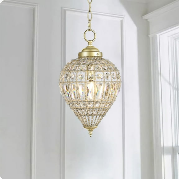 Joshua Marshal Home Collection Satin Gold Beaded Clear Crystal 1 Light Island Pendant 12" Chandelier - 9" Wide x 12" Height