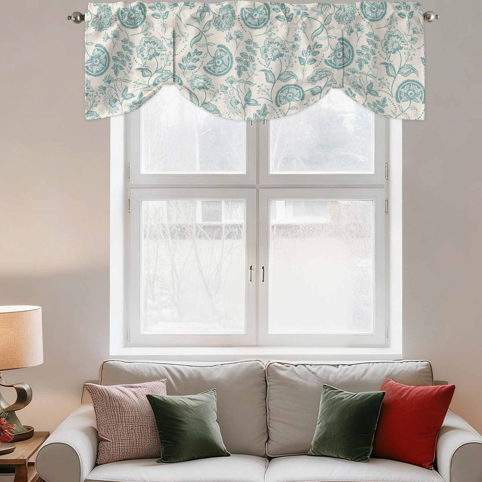 Farmhouse Turquoise Floral Tie Up Valances Curtain, Linen Boho Paisley Flower Rustic Adjustable Rod Pocket Short Window Treatment Tie Up Curtains Valances for Kitchen Living Room 54x18 In