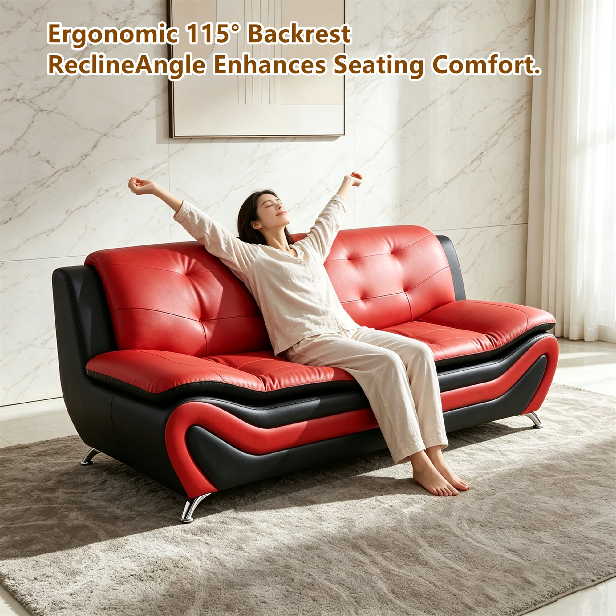 Aukfa 76.5" Upholstered 3 Seat Sofa Couch for Living Room, Leather, Tufted Back, Black&Red