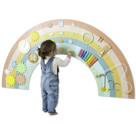 Play Platoon Kids Sensory Wall Panel, Activity Wall Busy Board Toys for Toddlers 1-3, Sensory Board - 64x32 inch Neutral Wooden Rainbow with 11 Activities for Montessori Playroom