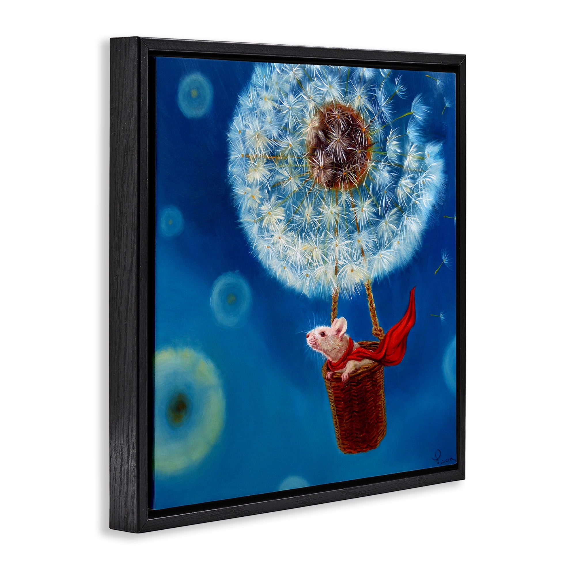 Stupell Industries Dandelion Hot Air Balloon Mouse Animals & Insects Painting Black Floater Framed Canvas Art Print Wall Art, 18 x 18
