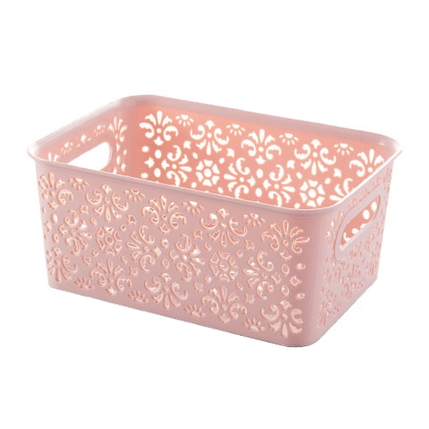 Caja de almacenamiento de plástico apilable Ahueca hacia fuera la cesta de almacenamiento de patrones retro delicados con tapa para ropa Papeles de cosméticos Juguetes - Tamaño pequeño (rosa)