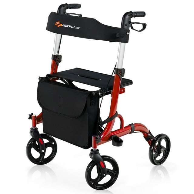Costway Déambulateur à Roulettes avec Siège, Déambulateur Roulant Pliant en Aluminium avec Roues de 8 Pouces, Rouge