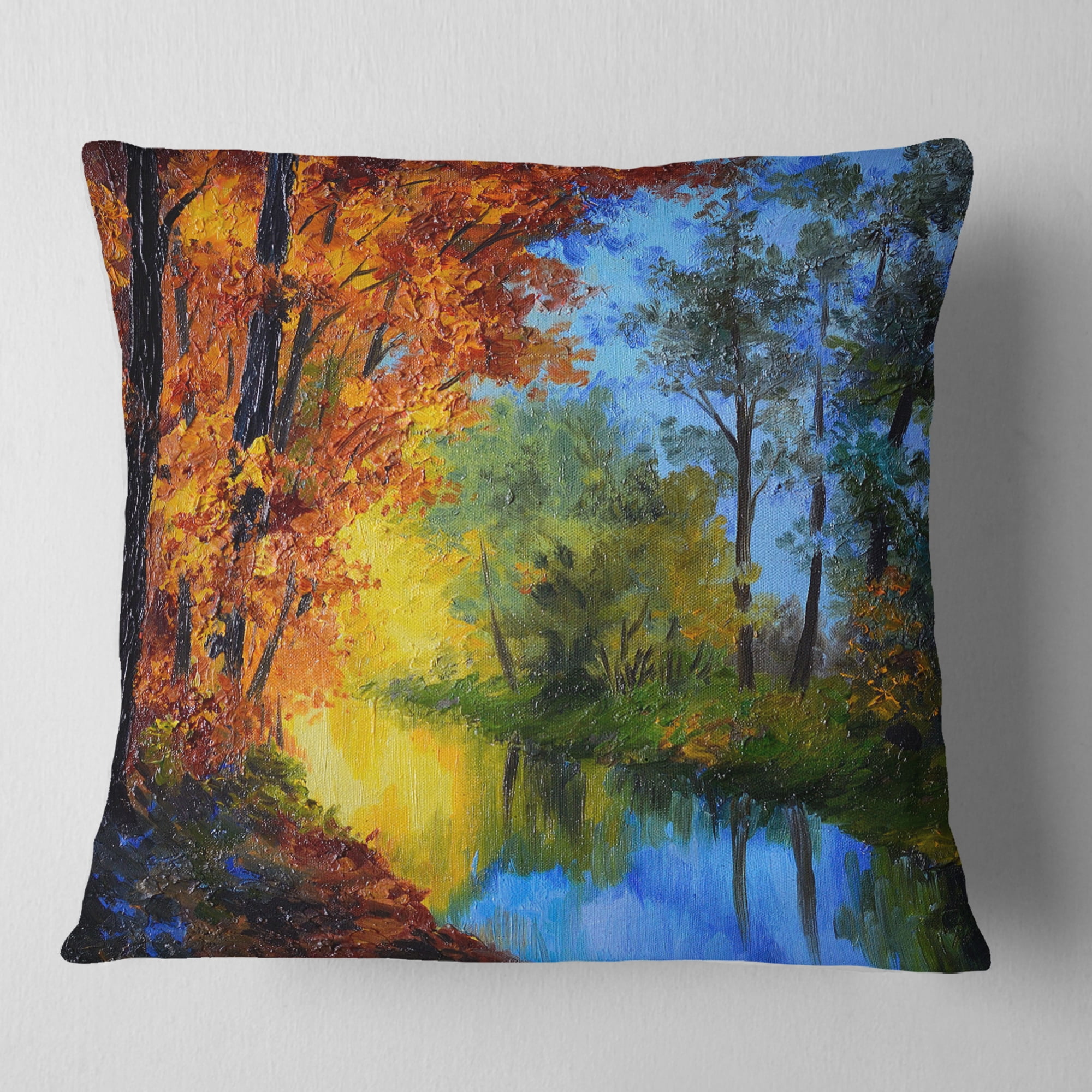 Designart Autumn Reflecting in River - Landscape Printed Throw Pillow - 16x16