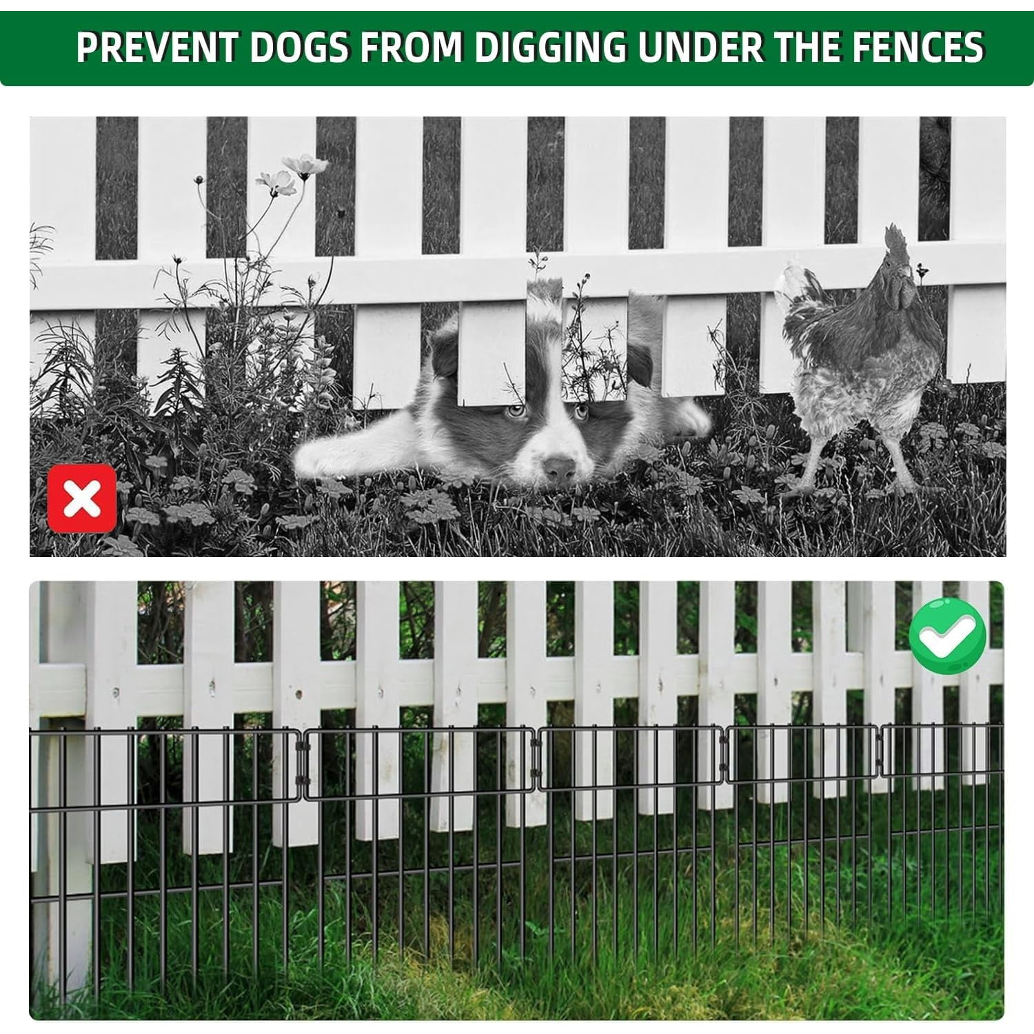 25 Panels Garden Fencing Animal Barrier, 17in (H) X 27ft (L) No Dig Dog Fence, 1.25 in Gap Fence Border for Dogs Rabbits, Rustproof Metal Decorative Fences Blocker for Outdoor, Yard
