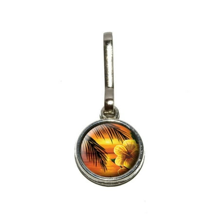 Flower Print Zipper - Orange Beach Sunset with Hibiscus Flower - Palm Tree Ocean Vacation Hawaiian Charm Zipper Pull